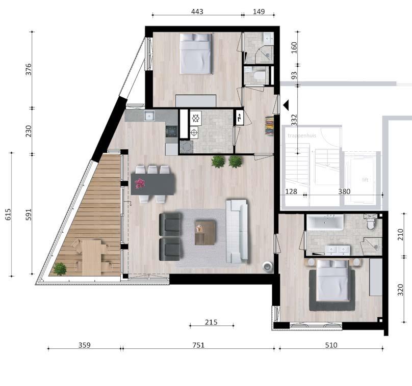 MAASAPPARTEMENT A1, A7 & A13 COMPLEX A VOLG DE ZON Dit appartement biedt veel ruimte en een praktische indeling.