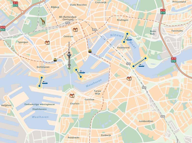 De leefbaarheid en doorstroming in en om Rotterdam verbeteren. Wat moet er gebeuren? Milieudefensie wil, speciaal voor fietsers en voetgangers, op vier locaties nieuwe veerponten realiseren.