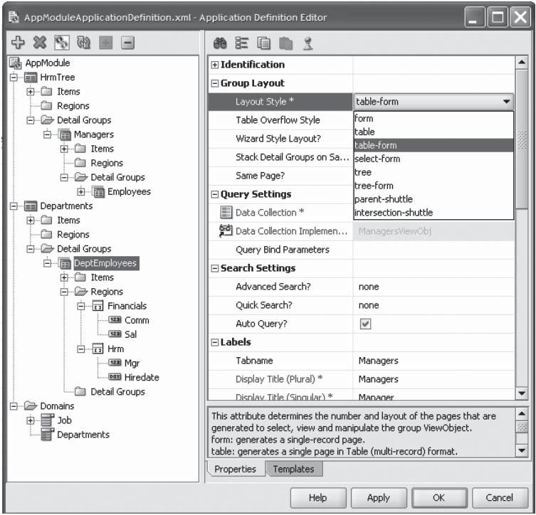 Figuur 6. Gegenereerde applicatie met Master-Detail, Table Overflow Style Right. Figuur 4. De nieuwe JHeadstart Application Definition Editor.