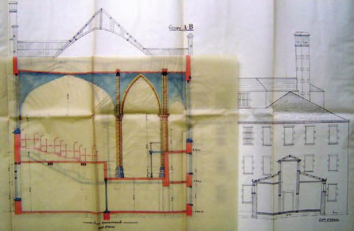 Afb. 15 Kapel van de gevangenis van Vorst. Dwarsdoorsnede, tekening van architect L. Bouckaert, 1903 (ARA, Bibliotheek Marc, P.0714, T.022). Afb. 16 Gevangenis van Vorst.