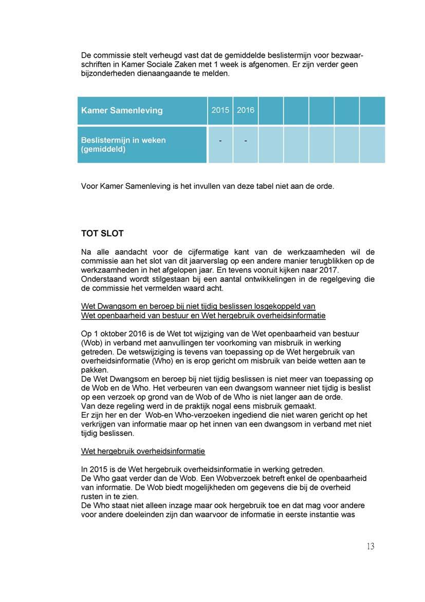 De commissie stelt verheugd vast dat de gemiddelde beslistermijn voor bezwaar schriften in Kamer Sociale Zaken met 1 week is afgenomen. Er zijn verder geen bijzonderheden dienaangaande te melden.