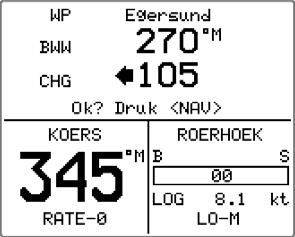 Simrad AP25 Stuurautomaat Het prompt display toont de naam of het nummer van het volgende waypoint (WP), de peiling van de lijn (BWW) tussen het voorgaande waypoint en het waypoint van bestemming, de