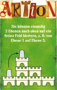De actiekaarten Je mag één keer je ridder verzetten naar een vrij veld dat 2 verdiepingen hoger ligt (voorbeeld van verdiep 1 naar verdiep 3.