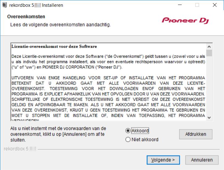 rekordbox installeren 3 Lees de voorwaarden van de softwarelicentieovereenkomst zorgvuldig door en vink het vak [Agree] aan om door te gaan.