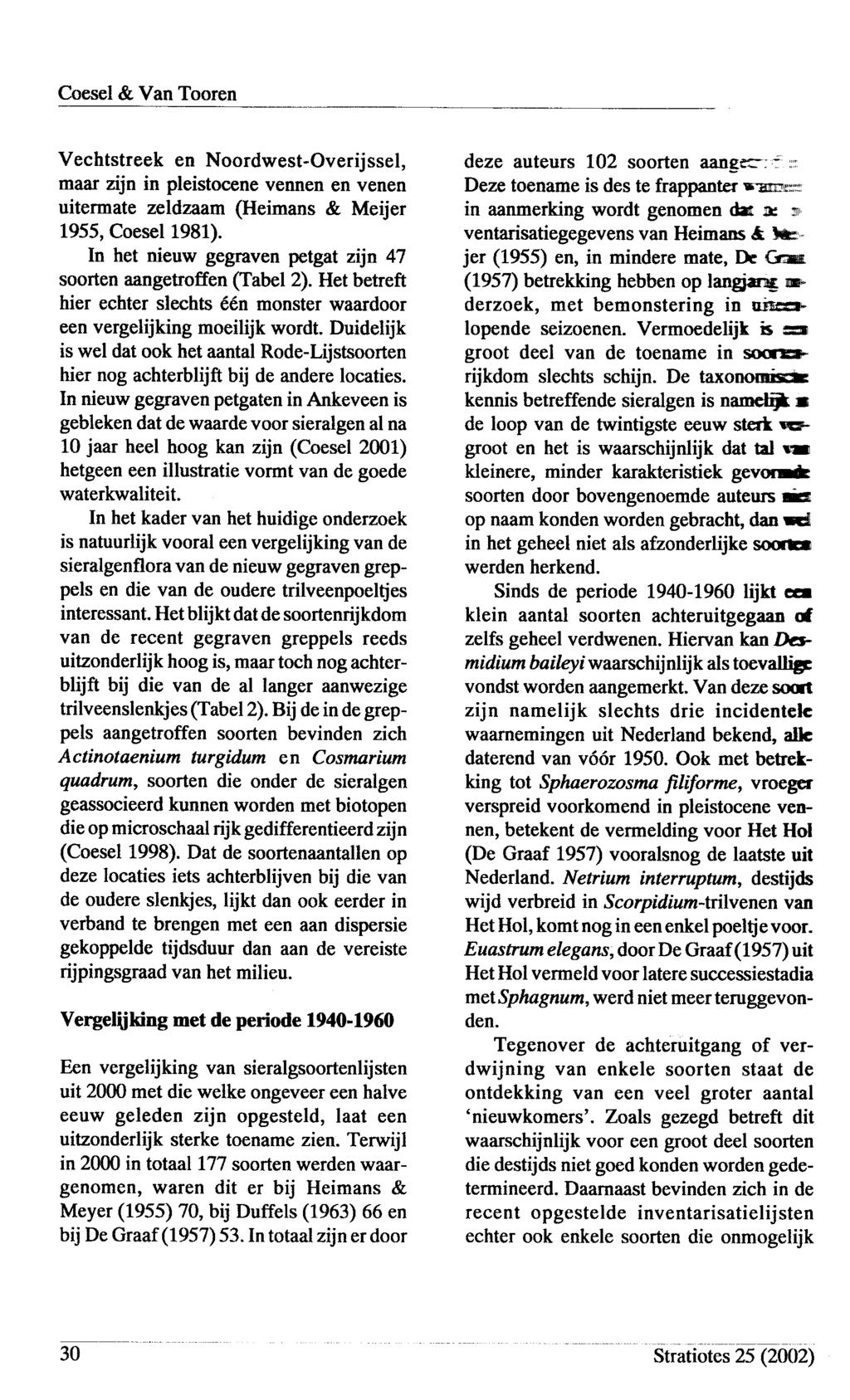 Vechtstreek en Noordwest-Overijssel, maar zijn in pleistocene vennen en venen uitermate znldzaam (Heimans & Meijer L955, Coesel 1981).