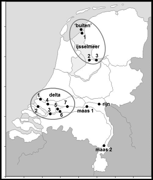 Tabel A. 6 De locaties van de aalfuiken van de aalvissers (vangstregistratie) die zijn meegenomen in de analyses en de geselecteerde jaren en maanden per locatie (zie figuur A2 en rapport Deel II).