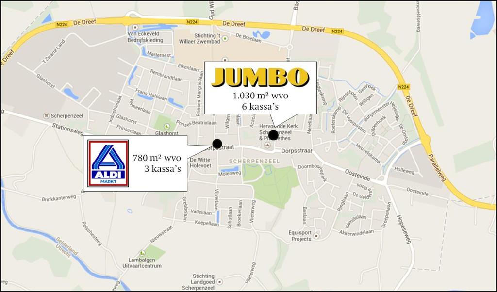 Figuur 3 Supermarktstructuur Scherpenzeel Bron: Google Maps, 2016; Supermarktgids, december 2105; bewerking Bureau Stedelijke Planning Tabel 2 Supermarktaanbod in Woudenberg en Scherpenzeel Formule