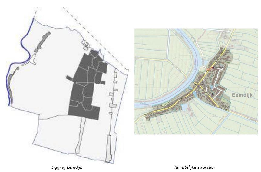 Ruimtelijke structuur De van oorsprong agrarische nederzetting Eemdijk ontstond in de vijftiende eeuw, na het aanleggen van de Veendijk en de Veldendijk.