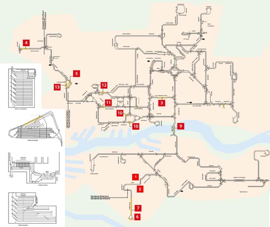 Figuur 2.2: Traminfrastructuur met overzicht infrabeperkingen en beweegbare bruggen Tabel 2.