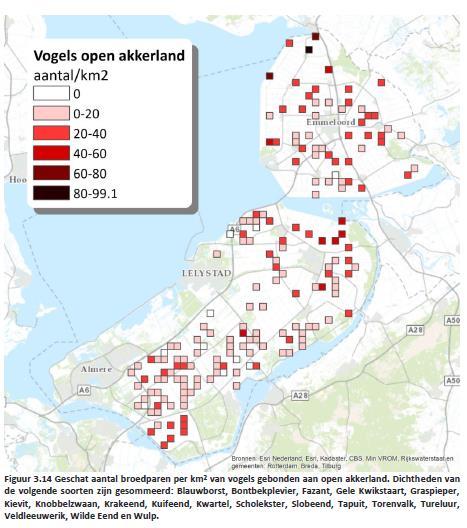 Figuur 4: geschat aantal broedparen per km2 van vogels gebonden aan open akkerland (Voor vogels die alleen onder art 3.