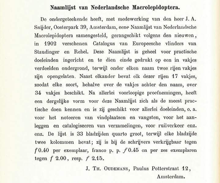 entomologische berichten 183 1. De aankondiging Naamlijst van Nederlandsche Macrolepidoptera door J.Th.