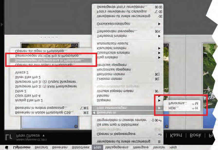 Panorama samenvoegen In de versies 1 tot en met 5 van Lightroom kunt u met behulp van Photoshop CC automatisch een panorama monteren uit een serie van overlappende foto's.