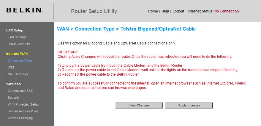 Alternatieve installatiemethode Uw type verbinding instellen als u gebruiker bent van Telstra BigPond/OptusNet Cable Volg de aanwijzingen op het scherm en klik op Apply Changes (Wijzigingen