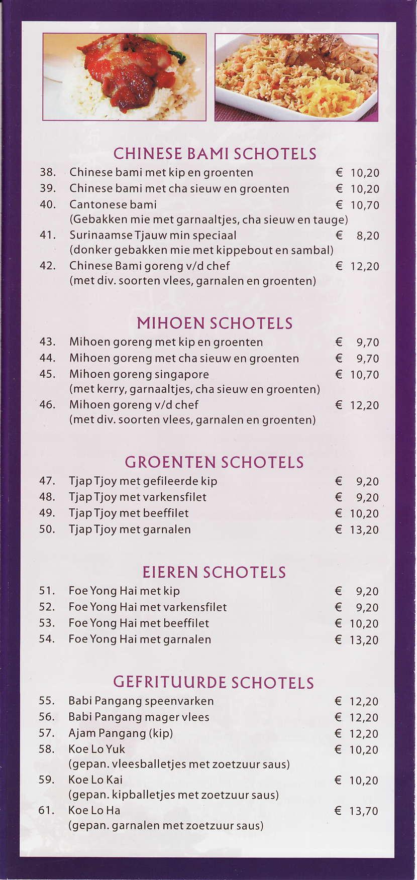 CHINESE BAMI SCHOTELS 38. Chinese bami met kip en groenten 39. Chinese bami met cha sieuw en qroenten 40. Cantonese bami 10,20 10,20 10,70 (Geba kken mie met garnaaltjes, cha sieuw en tauge) 4'1.