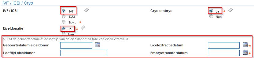 7.1.2 IVF / ICSI / Cryo Indien bij het veld IVF / ICSI gekozen is voor IVF of ICSI, dan verschijnt er een extra veld.