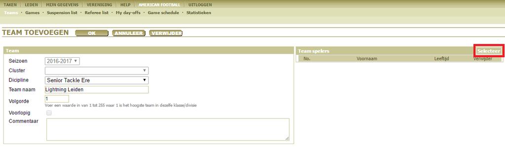 4.1.4. Selecteer teamspelers Klik rechtsboven in het scherm in het vak Teamspelers op Selecteer.