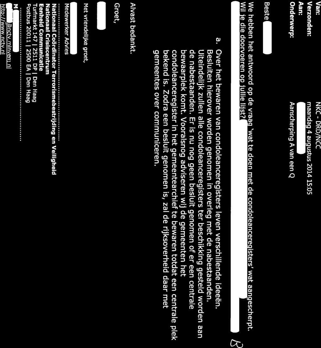 NS Van: NKC-DRD/NCC Verzonden: maandag 4 augustus 204 5:05 Aanscherping A van een Q Beste We hebben het antwoord op de op a. Over het bewaren van condoleanceregisters leven verschillende ideeën.