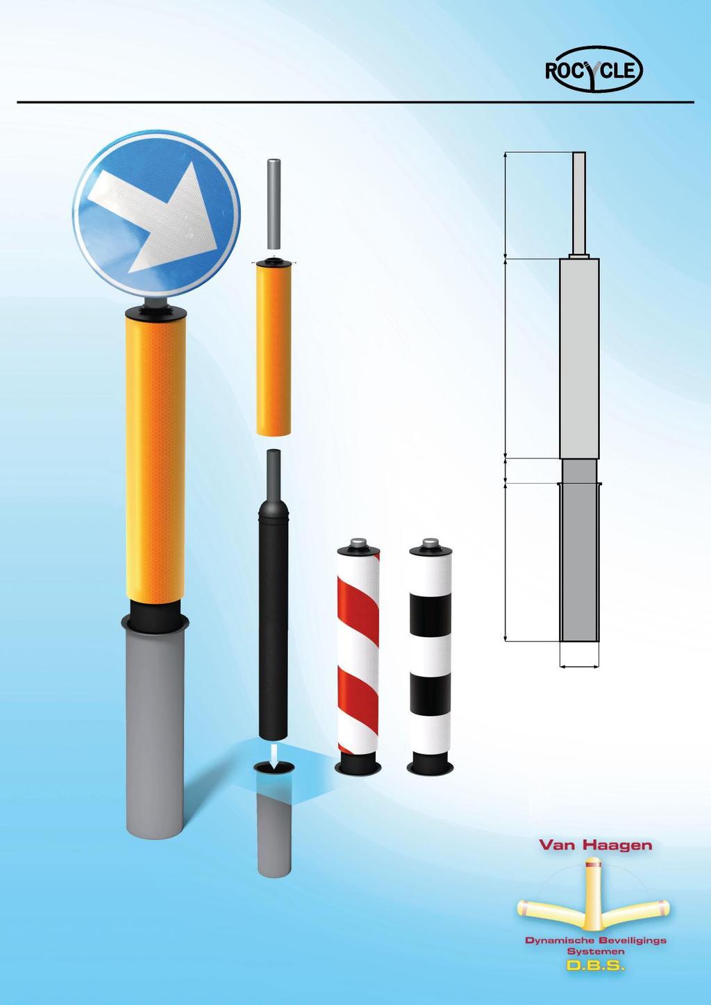 Signaal inbouw D1d Gevulkaniseerde rubberen verkeerszuil max. 420 mm Montagebuis ø 51 t.b.v. verkeersbord 820 mm Reflecterende koker.