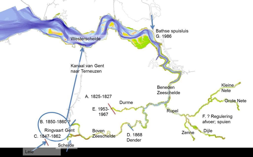 Figuur 4.1 Overzicht van werken die de afvoerverdeling van zoetwater naar het Scheldeestuarium hebben beïnvloed.