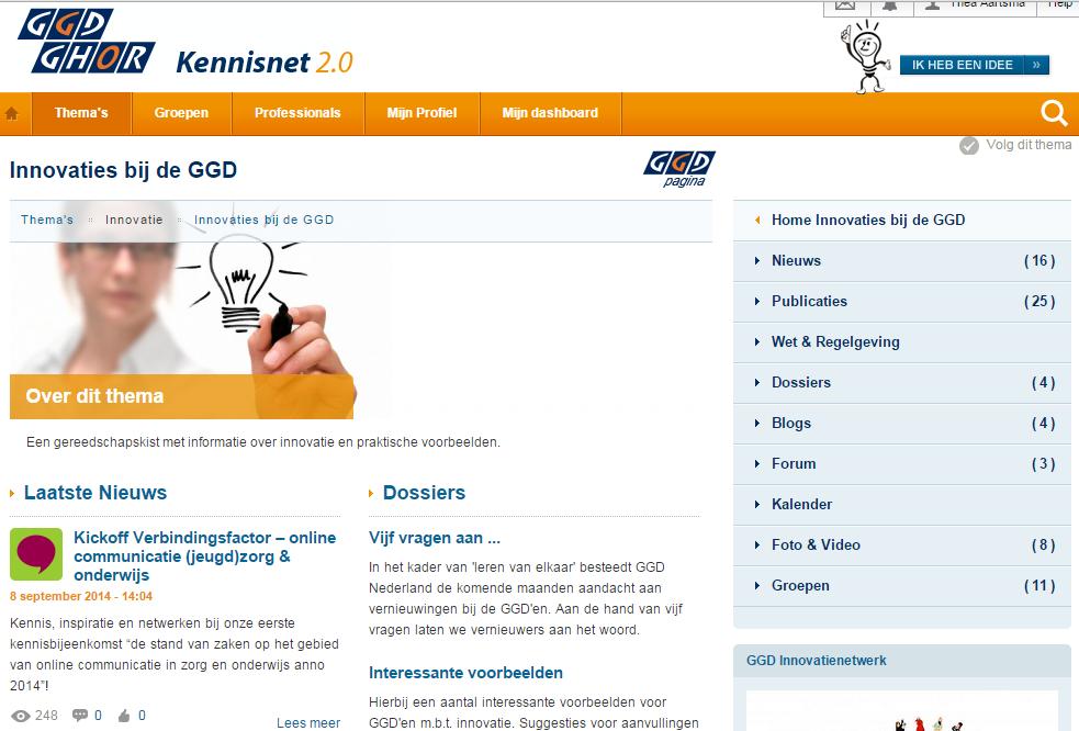 Elke thema pagina heeft eenzelfde pagina-indeling. Hier is gekozen voor het thema: Innovaties bij de GGD.