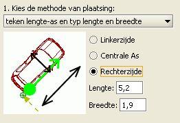 de (rechts horizontale) richting of oriëntatie van het voertuig Plaats een voertuig door de opgemeten lengte en breedte in te vullen en 2 posities aan te duiden: 1.