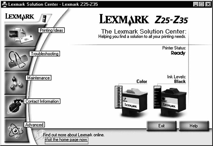 U opent als volgt Lexmark Printeroplossingen: Dubbelklik op het pictogram Lexmark Z25-Z35 Printeroplossingen op het bureaublad of klik op Start Programma's of Alle programma's Lexmark Z25-Z35 Lexmark