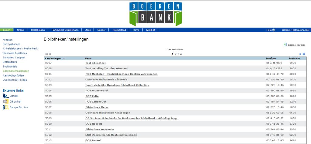 Bibliotheken/Instellingen De lijst Bibliotheken/Instellingen is een adressenlijst van alle aangesloten bibliotheken en andere Instellingen zoals musea, overheidsinstellingen,