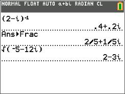 Onder 2nd [i] vind je de complexe eenheid i, je kan nu de gewenste berekeningen maken. Je kan math [num][frac] altijd gebruiken om kommagetallen om te zetten in breukvorm.