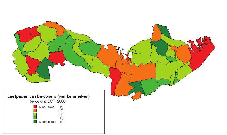 Figuur 6 Zeeuws-Vlaanderen De leefpaden van de bewoners van de rurale viercijferige postcodegebieden in Figuur 7 Zeeuws-Vlaanderen De dagpaden van de bewoners van de rurale viercijferige