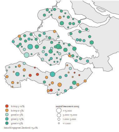 Figuur 1 Bevolkingsontwikkeling in Zeeland, 1975-2005, naar gemeente en nederzetting (Bron: van Dam et al.