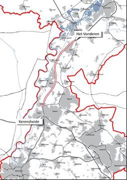 Figuur 4-10 Plangebied Structurele verbreding Het Vonderen - Kerensheide (in rood) Het plangebied omvat naast de A2 zelf ook de (landschappelijke) inpassing, te treffen maatregelen en gebieden waar
