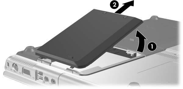 Schijfeenheden 5. Breng het afdekplaatje van de vaste-schijfruimte omhoog 1 en haal het van de notebookcomputer af 2. 6.