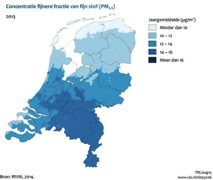 Figuur 1: jaargemiddelde concentratie PM 2,5 in 2013 (http://www.compendiumvoordeleefomgeving.nl/indicatoren/nl 0532-Fijnere-fractie-van-fijn-stof-%28PM-2.5%29.html?