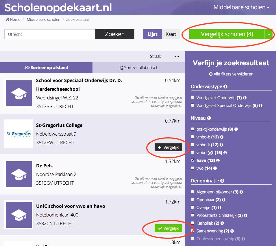 Scholen vergelijken U kunt als bezoeker van Scholenopdekaart.nl zoeken op schoolnaam of zoeken naar scholen binnen een bepaalde regio (bijvoorbeeld op stadsnaam of op postcode).