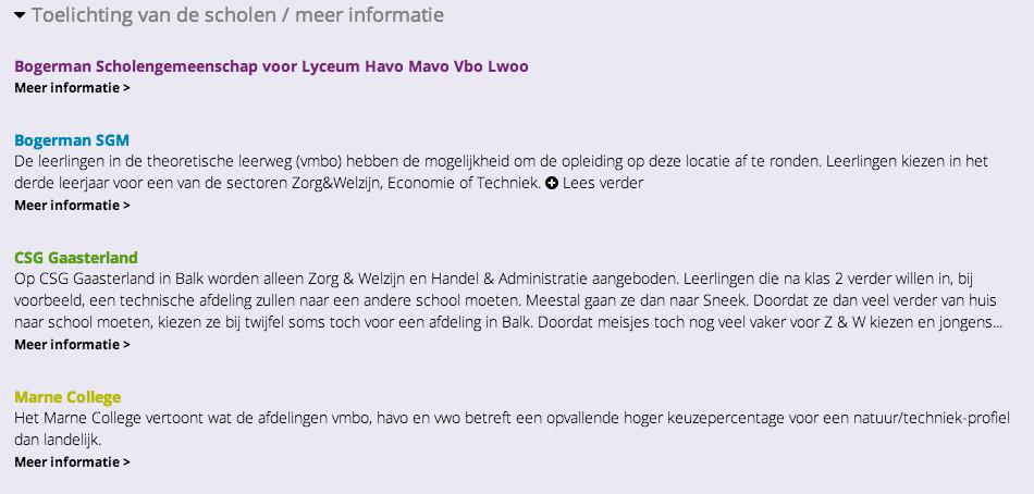 Als u klikt op Toelichting van de scholen / meer informatie verschijnen de toelichtingen van de scholen in de