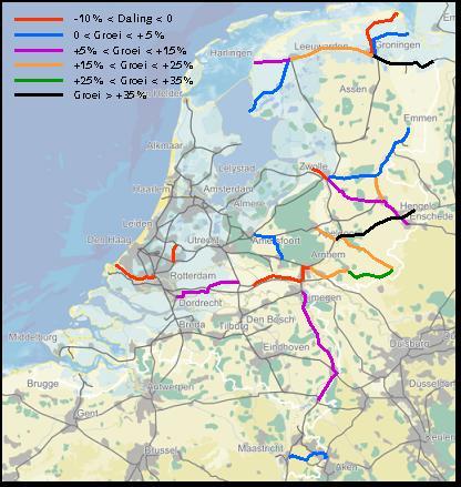 Kaart 2: Marktontwikkeling 2002 2006/2007 De groei van de vervoersomvang op de gedecentraliseerde spoorlijnen samen is in de periode 2002 tot 2006 gemiddeld 2,75% per jaar.