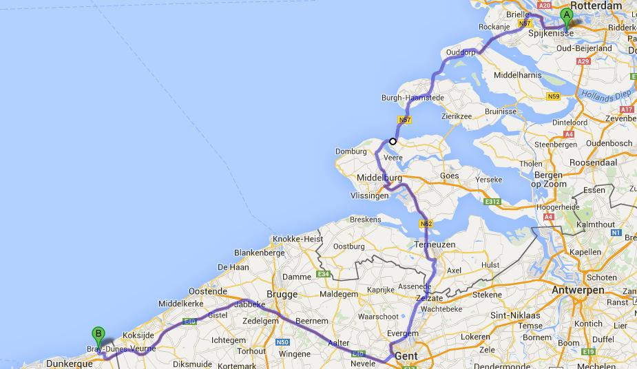 De gereden route per dag Vertrek 25 april 2015 We rijden vandaag rijden tot aan Zuydcoote. Dit ligt vlak bij Duinkerke.