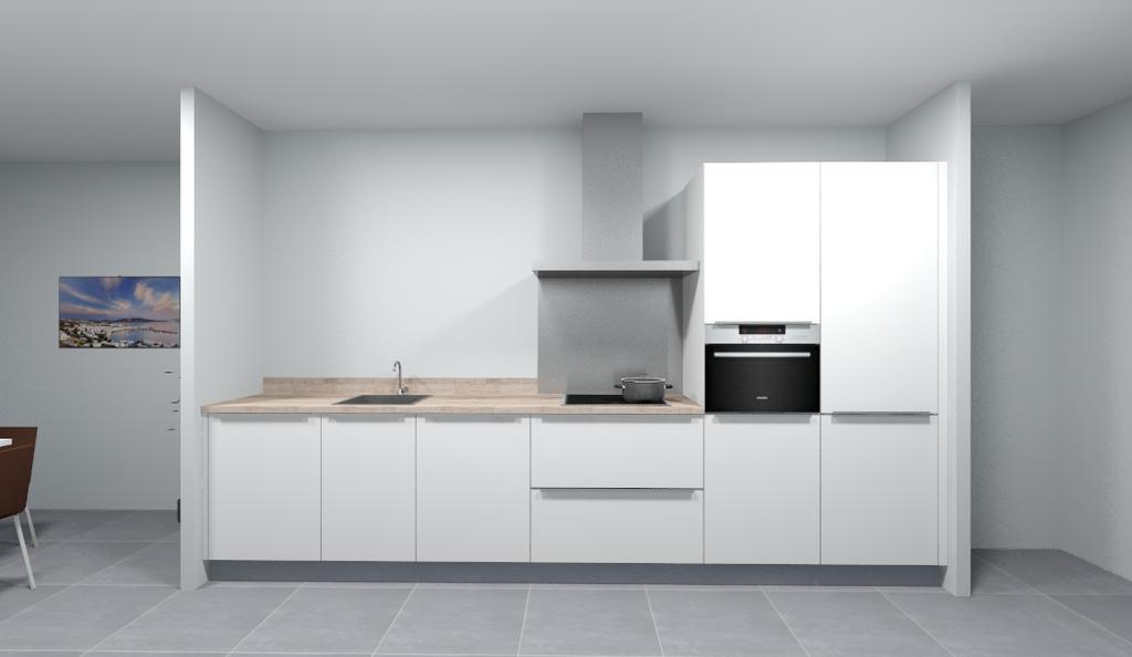 Opstelling keuken B4 Standaard: + + Keller greeploos + + Keller luxe melamine + + Standaard deurdemping + + Standaard ladedemping + + Antraciet