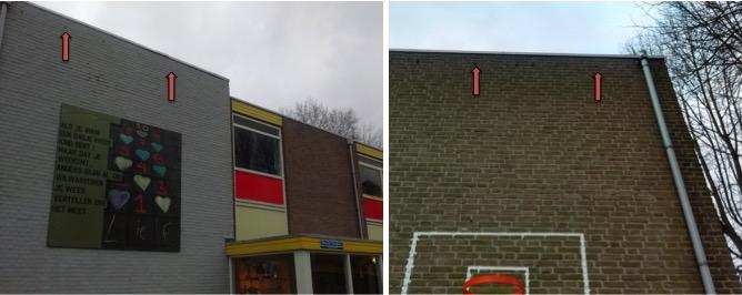 Figuur 3 Foto s schoolgebouw met wegkruipmogelijkheden (rode pijlen) voor vleermuizen