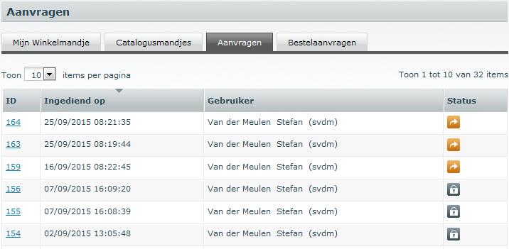 3.1 Artikelen goedkeuren of verwerpen Afbeelding 3: Aanvragen Kies in het menu links de optie Winkelmandjes Open het tabblad Aanvragen of Bestelaanvragen Klik op de ID van de aanvraag die je wenst te