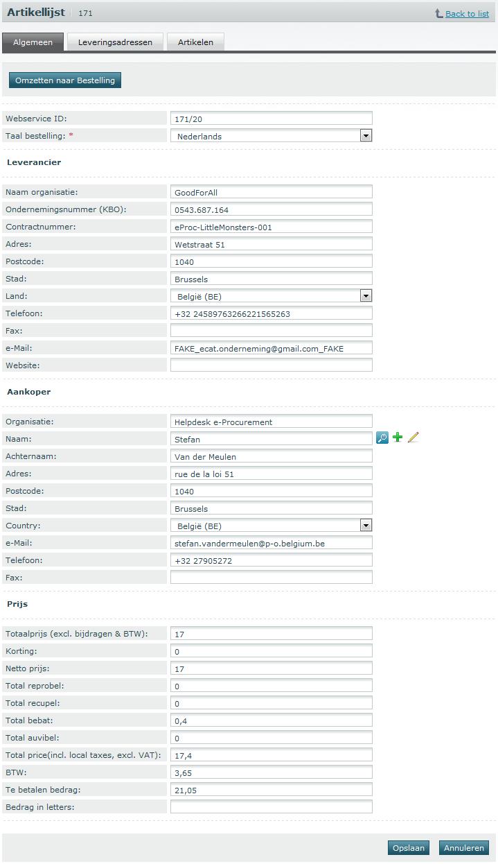 6.3 Een artikellijst voorbereiden 6.3.1 Artikellijst: tabblad Algemeen Het tabblad Algemeen bevat volgende gegevens Webservice ID: dit is een unieke code waarmee een extern systeem de artikellijst kan oproepen via webservice.