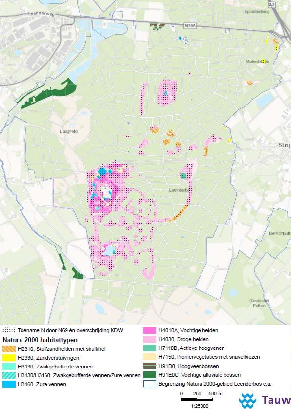 7.5 Deelgebied D Leenderbos exclusief Laagveld In het deelgebied Leenderbos (exclusief Laagveld) ondervinden de volgende habitattypen effecten van de nieuwe weg: H2310 (inclusief zoekgebied ZGH2310),