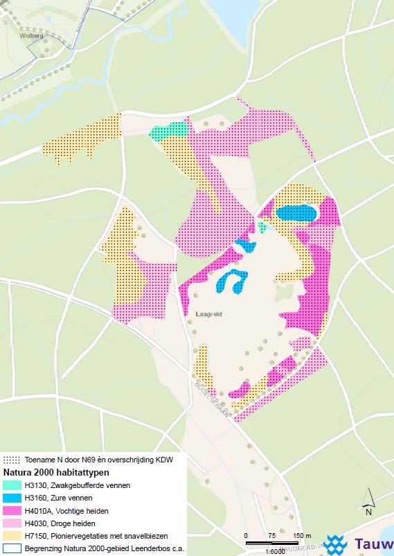 7.6 Deelgebied E Leenderbos Laagveld In het deelgebied Leenderbos Laagveld ondervinden de volgende habitattypen effecten van de nieuwe weg: H3130, H3160, H4010A, H4030 (inclusief zoekgebied ZGH4030)