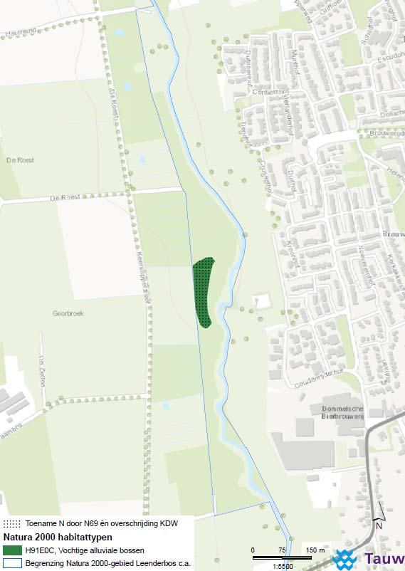 Figuur 7.10 Habitattypen (links) en stikstofdepositie (rechts) van het deelgebied I Keersopperbeemden.