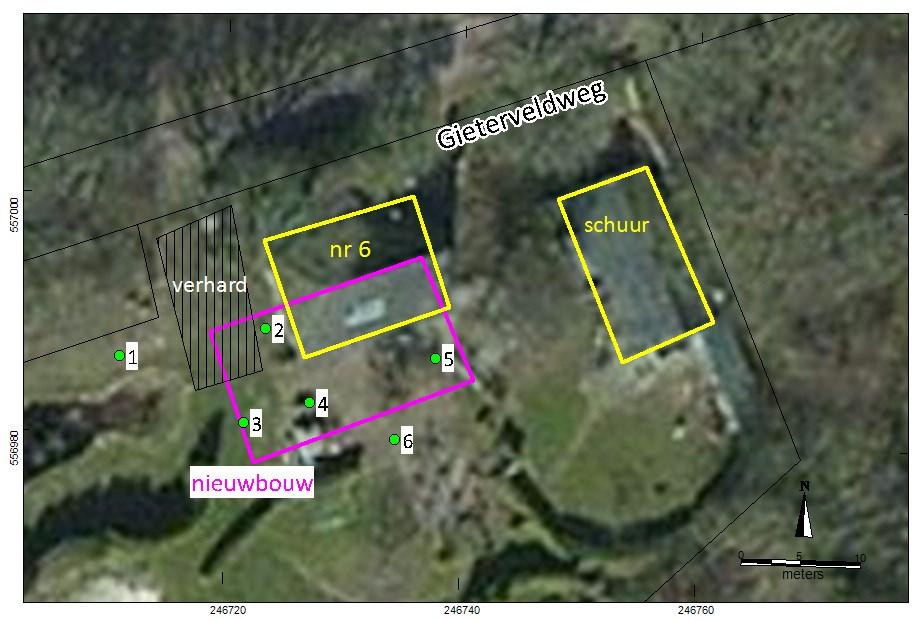 Afbeelding 3. Detailkaart van het plangebied op een luchtfoto met boorpunten. 4 2 Archeologische verwachting Het plangebied ligt op de Hondsrug op de rand van een pingo-ruïne.