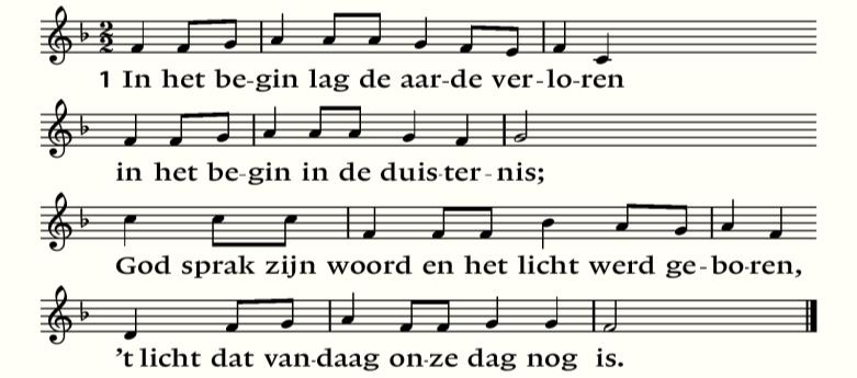 lezen vers 6-8, daarna zingen vers 2 In het begin zijn de wolken en luchten, in het begin is de hemel ontstaan. God sprak zijn woord en de wateren vluchtten: zo bracht Hij scheiding en ruimte aan.