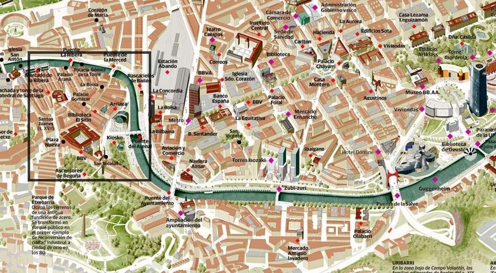 Bilbao ligt aan één van de pelgrimsroutes naar Santiago. De stad heeft een gematigd en vochtig zeeklimaat; niet het mediterrane klimaat van de rest van Spanje.