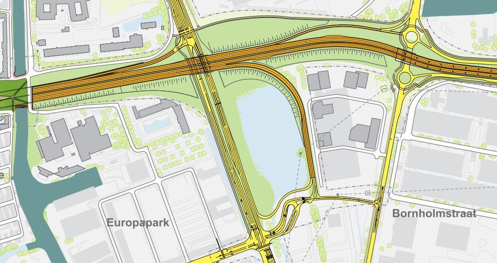 De aansluiting van de rijksweg 7 op de Europaweg is vormgegeven door een afrit aan de zuidzijde (over de Europaweg) met twee rijstroken die aansluit op een nieuw te realiseren weg tussen de Europaweg