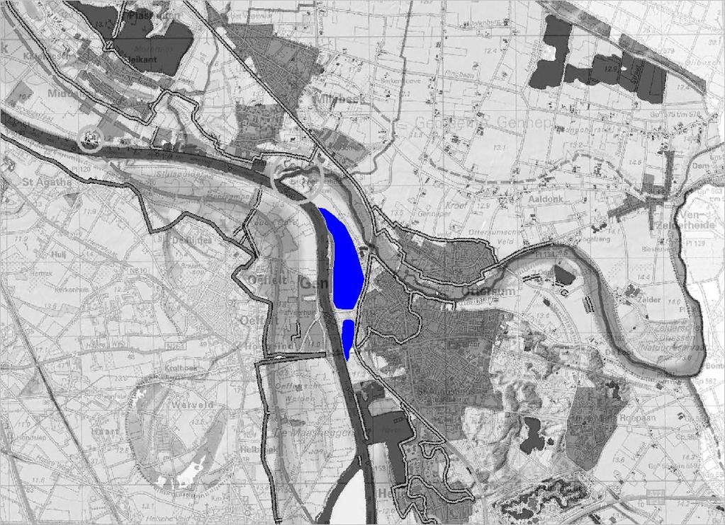 3.8.2 Hoogwatergeul Maaskemp (ontwerp Teunesen Zand en Grint) Op dezelfde locaties heeft Teunesen een ontwerp voor een hoogwatergeul gepresenteerd (Grontmij Groenplanning, 2013), bestaande uit een