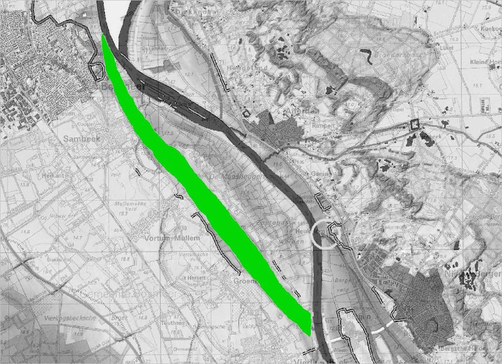 3.10 Boxmeer (groene rivier) Op de linker oever bevindt zich het ontwerp Vortumse geul van het Masterplan Maasdal Noord-Limburg (DLA+, 2013). De locatie bevindt zich op Brabants grondgebied.